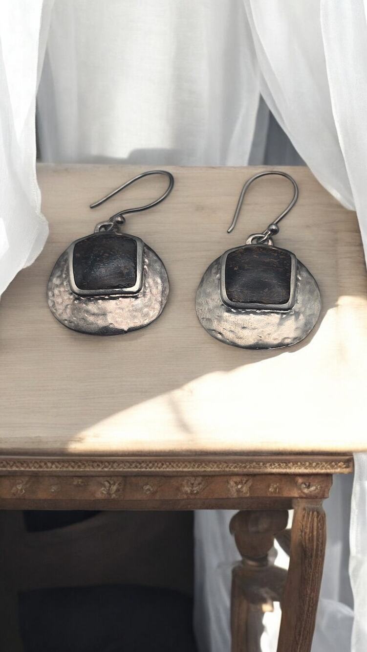 Silpada Bronzite Hammered Silver Dangle Earrings Sterling - Artisan Boho Luxe